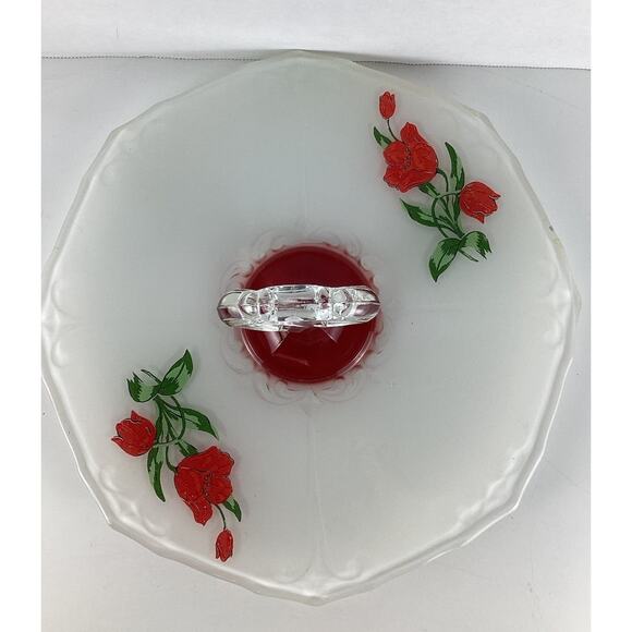 Clear Red Cake Plate Tulip Indiana Glass Painted Tidbit Tray with Key Handle - Picture 2 of 4